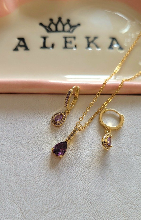 Producto - Conjunto collar y argollas gota morada de acero dorado - 3