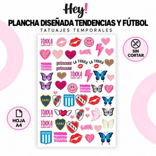 Producto - PLANCHA A4 PREDISEÑADA TENDENCIAS Y FUTBOL - TATUAJES TEMPORALES - 0