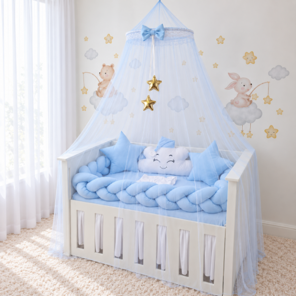 Producto - Set de Chichoneras para Cuna Emma Con Mosquitero Celeste - 0