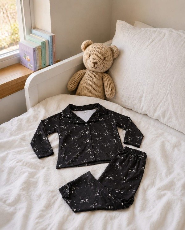 Producto - Pijama camisero largo niños - Negro con gatitos