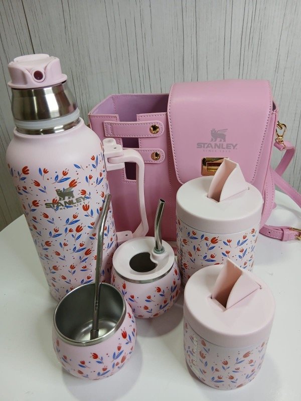 Producto - Set termo 1,3 L con bolso y accesorios (Flores rosa)