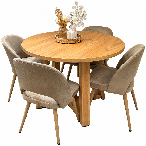 Producto - Stock Juego de comedor 120 madera paraíso y sillas beige - 0