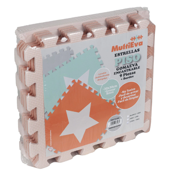 Producto - Multieva Piso de goma Estrellas 9 piezas + bordes (BLANCO Y GRIS)