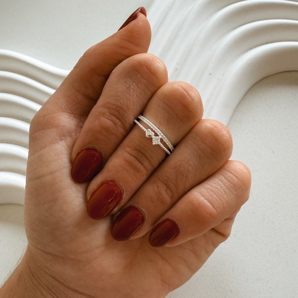 Producto - Anillo midi doble con corazón y stras plateado