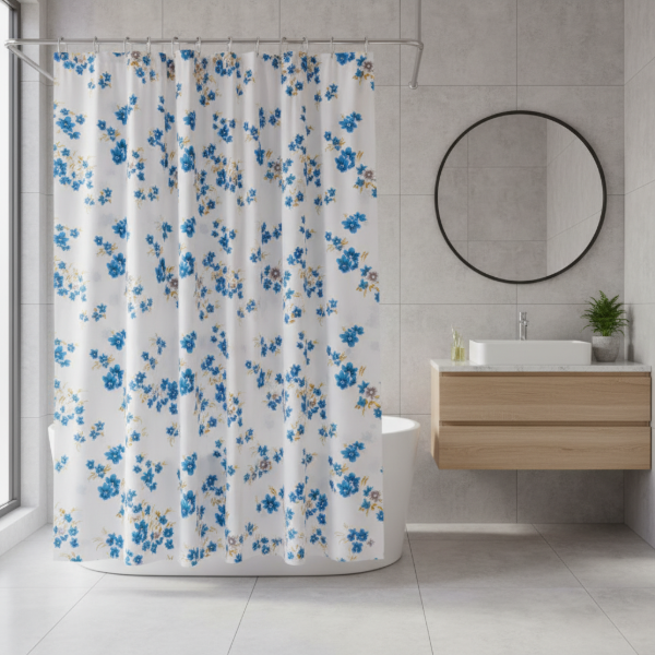 Producto - Cortina para Baño de Raso Teflonada Estampada + Ganchos "Flores Azules"