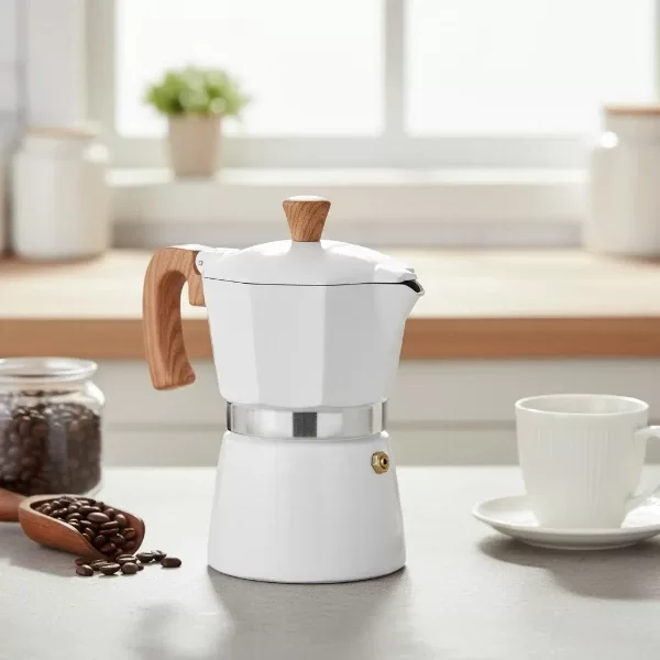 Producto - Cafetera Tipo Italiana 3 Pocillos Mango Simil Madera (Gris Negra Blanca)