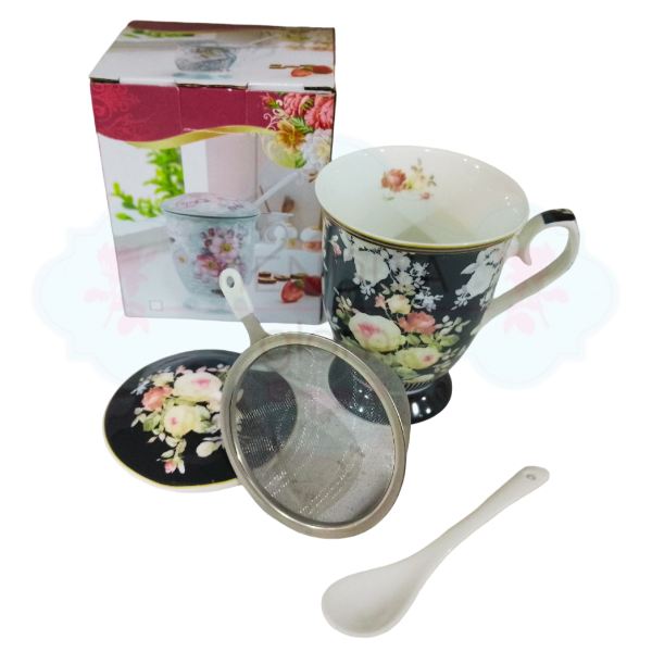 Producto - TAZA DE PORCELANA NEGRA CON FILTRO Y CUCHARA CON FLORES 300 ML - 1
