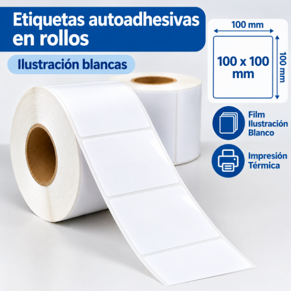 Producto - Rollos Etiquetas Autoadhesivas Ilustración Blancas - 100 x 100 mm x 500 unidades
