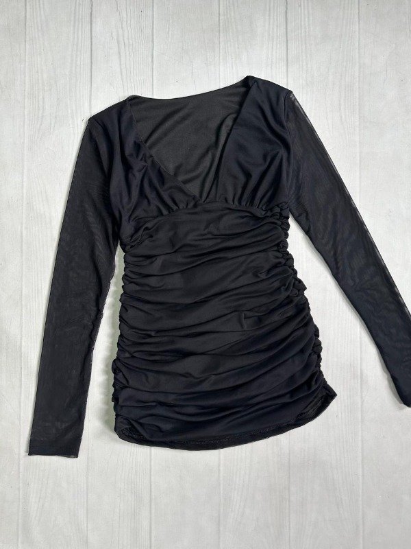 Producto - [7736] Vestido m/l escote V full frunces tul forrado