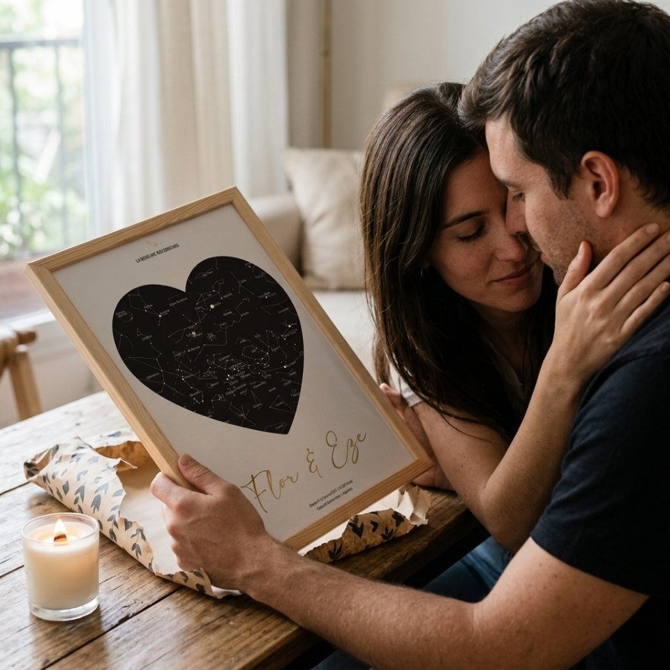 Una pareja abrazada sostiene un cuadro con el mapa de estrellas de su fecha, dibujado en forma de corazón