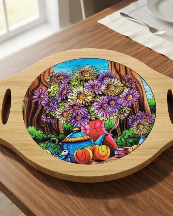 Producto - Posa Pava Fuente con asas Madera- Dibujo en PVC Redonda - 9