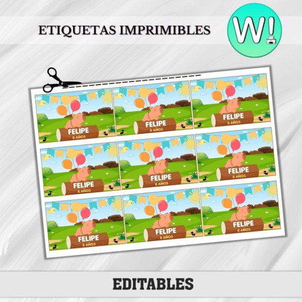 Producto - Etiquetas Imprimibles Rectangulares Capibara fiesta Cumple