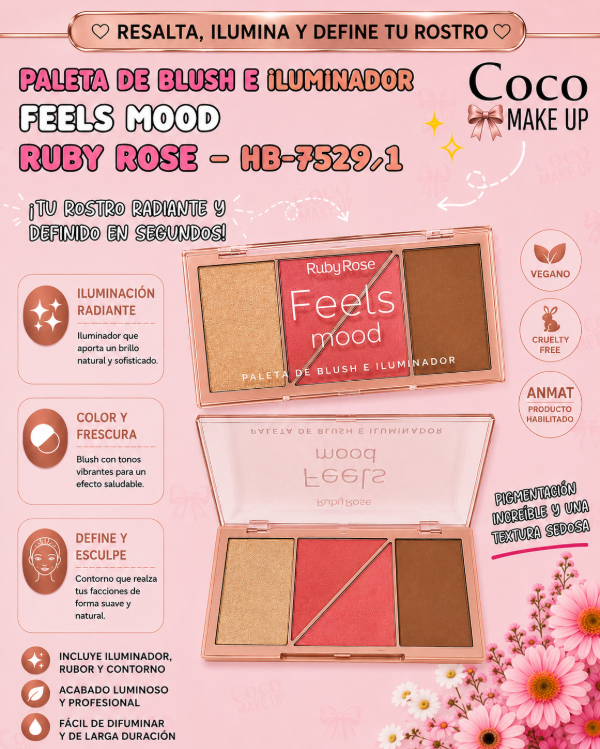 Producto - PALETA DE BLUSH E ILUMINADOR FEELS MOOD - RUBY ROSE - HB-7529/1