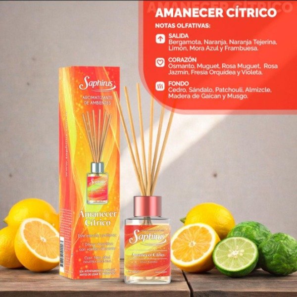 Producto - DIFUSOR CON VARILLAS SAPHIRUS 60ML "AMANECER CITRICO"