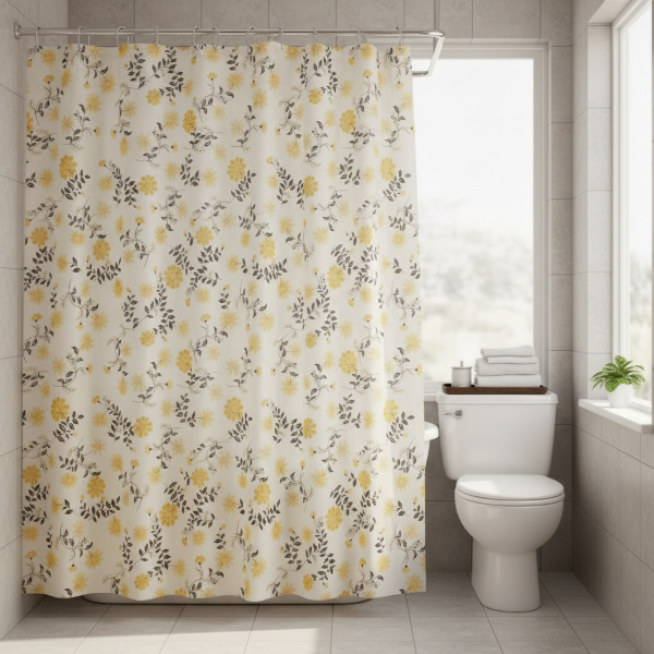 Producto - Cortina para Baño de Raso Teflonada Estampada + Ganchos "Flores Amarillas"