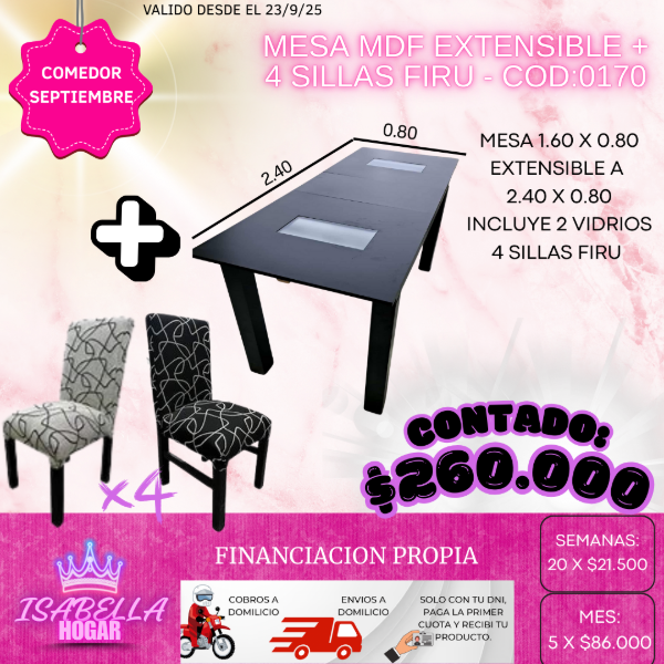 Producto - MESA MDF EXTENSIBLE + 4 SILLAS FIRU - COD:0170