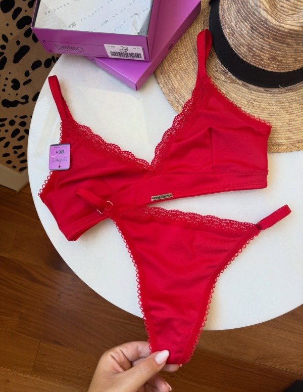 Producto - Conjunto microfibra sin armar con puntilla rojo T.90