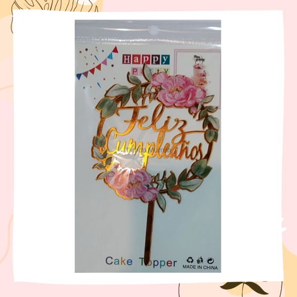 Producto - Topper dorado Feliz cumpleaños flores toper acrilico