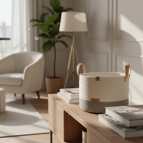 Producto - Cesto Organizador Redondo Manija Cuero. Algodón 30x30x20