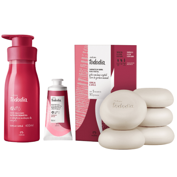 Producto - Cereza y Avellana: crema corporal 400ml + crema para manos 50ml + jabones