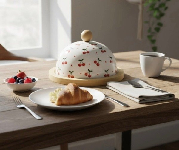 Producto - Mantequera Campana Cerámica Cereza con Base Madera