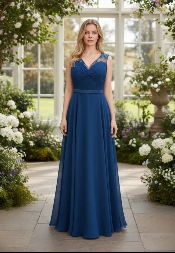 Producto - Vestido largo de gasa escote corazón falsa amplia azul  noche