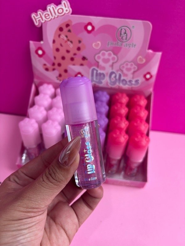 Producto - Lip Gloss Shine Patita Pola Aylr - Brillo con Glitter y Tapa de Gatito