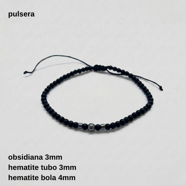 Producto - PULS.HOMB.FP - Pulsera regulable Obsidiana 3mm, hematite tubo y bola (DÓLAR)