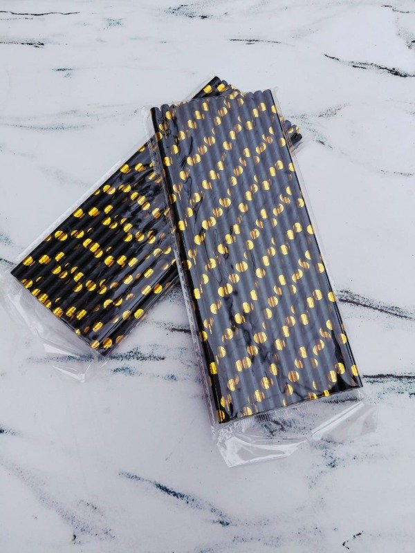 Producto - Sorbete / palitos negro con lunares dorados