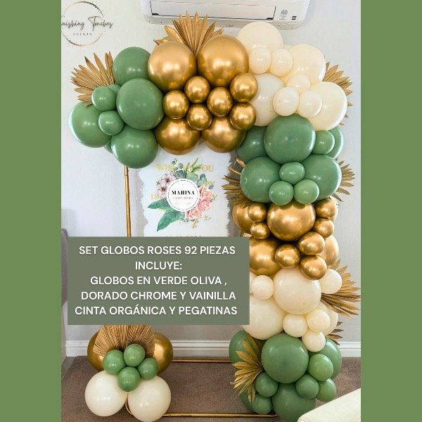 Producto - Set globos verde oliva , vainilla y dorado 92 piezas