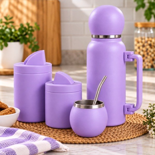 Producto - SET MATERO OVALO YERBERA AZUCARERA MATE Y BOMBILLA TERMO ACERO 1LT - 4