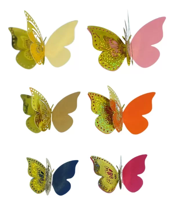 Producto - ADORNO MARIPOSA DOBLE HOLOGRAFICA BORDE DORADO/PLATA (6PCS X1PAQ)
