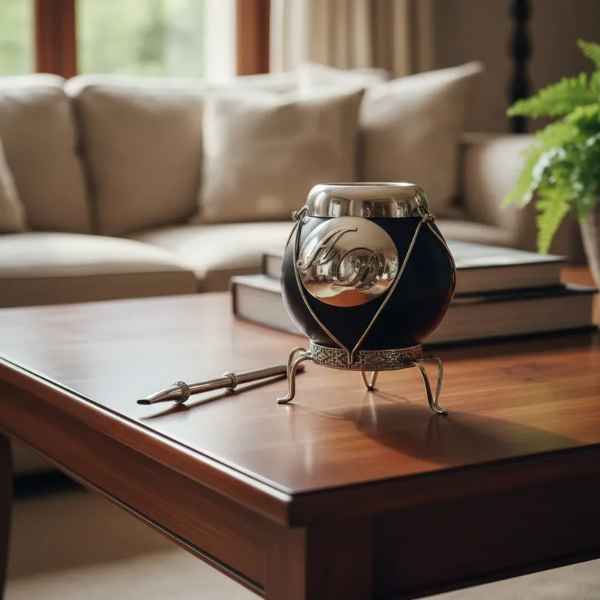 Producto - mate con iniciales y patas con bombilla.