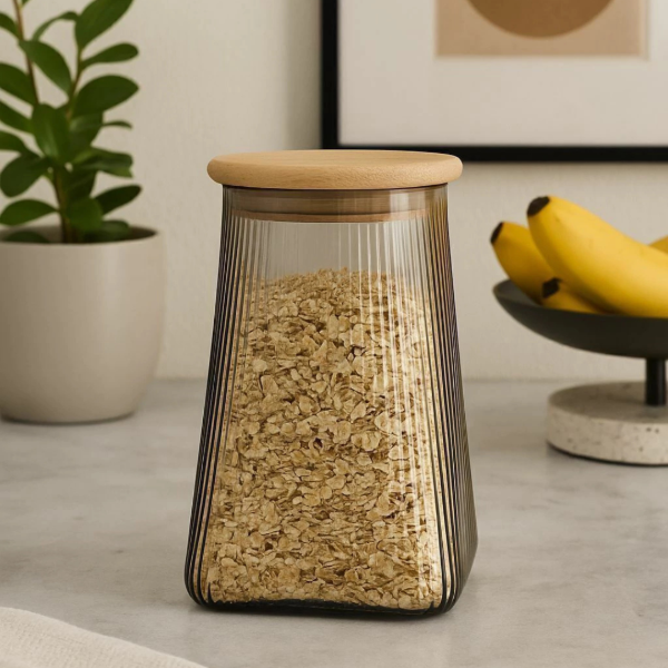 Producto - Frasco de vidrio piramidal con tapa de madera 9,5x9,5x13,5 cm