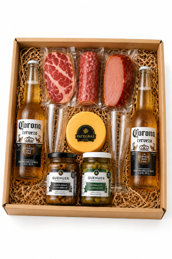 Producto - Caja de Regalo 2 Cervezas Corona 710 ml con Picada Completa y 2 Vasos Pinta - 0