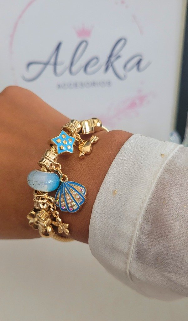 Producto - Pulsera esclava regulable azul de acero dorado