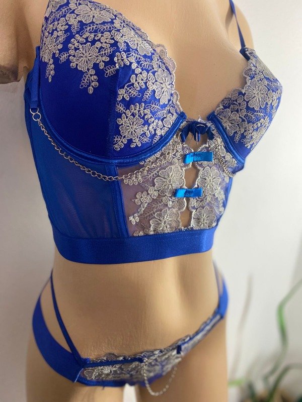 Producto - Conjunto corset azul con flores y tanga