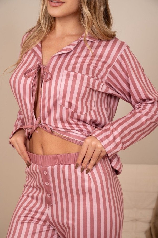 Producto - Pijama largo camisero Cleo rayas (preventa precio especial)