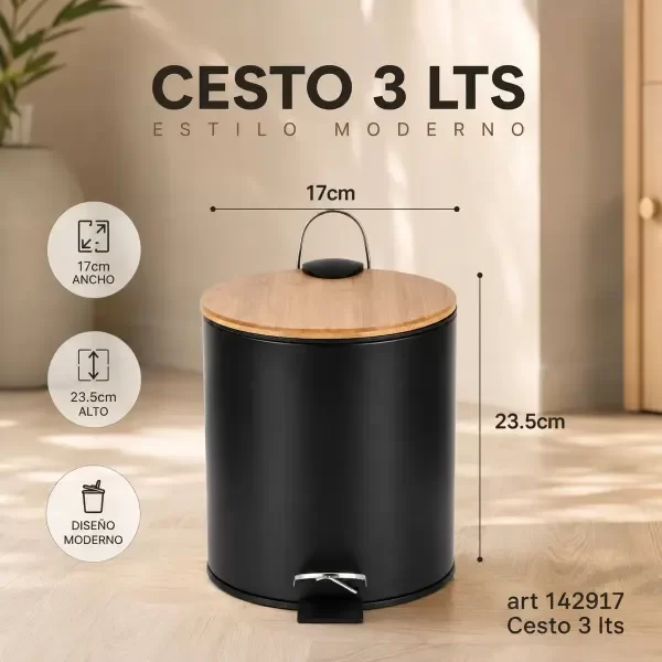 Producto - CESTO ACERO CON TAPA DE BAMBU 3LTS CIERRE SUAVE - 1