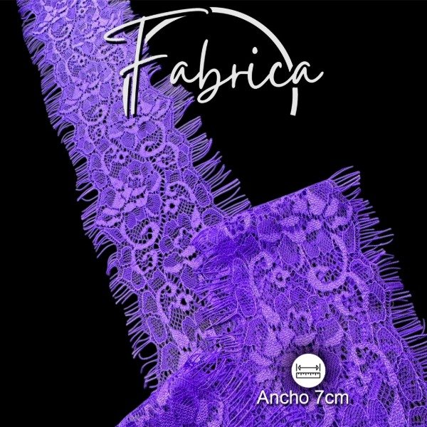 Producto - PS235 Puntilla Púrpura angosta rígida con pelitos. Medida: 7cm (por metro)