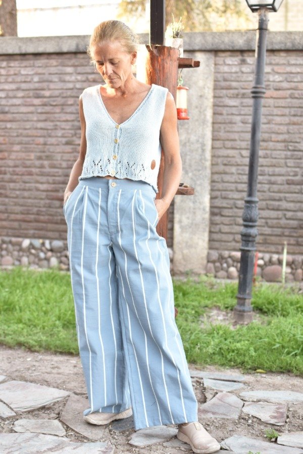 Producto - Pantalón Palazzo Rayado - Celeste + Blanco