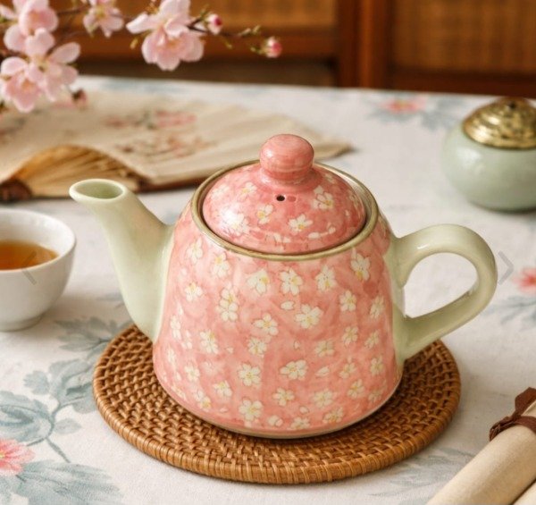 Producto - Tetera de Ceramica + Infusor Diseño Flores de Cerezo Rojo - 19 x 9 x 12cm - 2