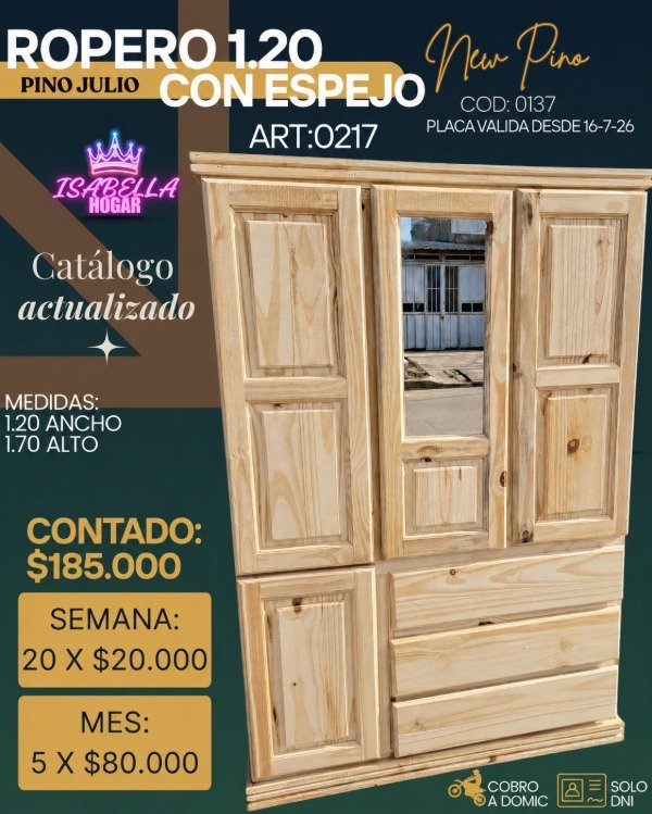 Producto - ROPERO DE PINO 1.20 CON ESPEJO
