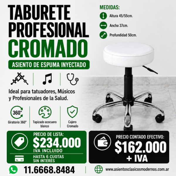 Producto - TABURETE PROFESIONAL CROMADO, Ideal Tatuadores, Personal de Salud!! - 0