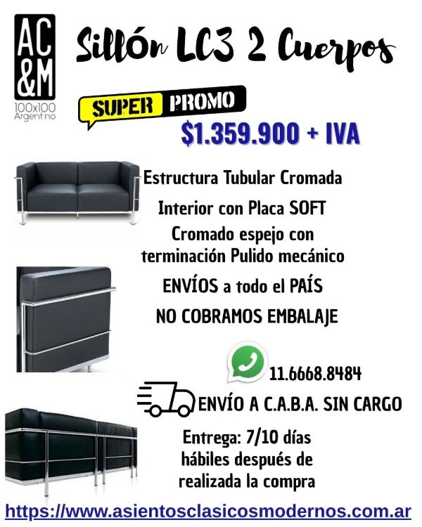 Producto - Sillón Sofá LC3 GRAND CONFORT 2 Cuerpos, Estructura Tubular Cromada!!