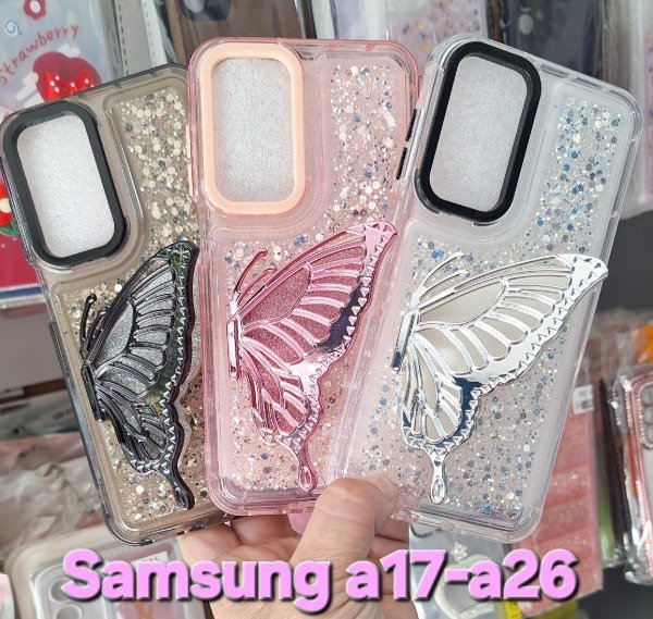 Producto - Fundas reforzadas glitter popsocket mariposa. Samsung a17-a26