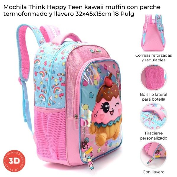 Producto - MOCHILA THINK HAPPY TEEN KAWAII MUFFIN CON LLAVERO 42898