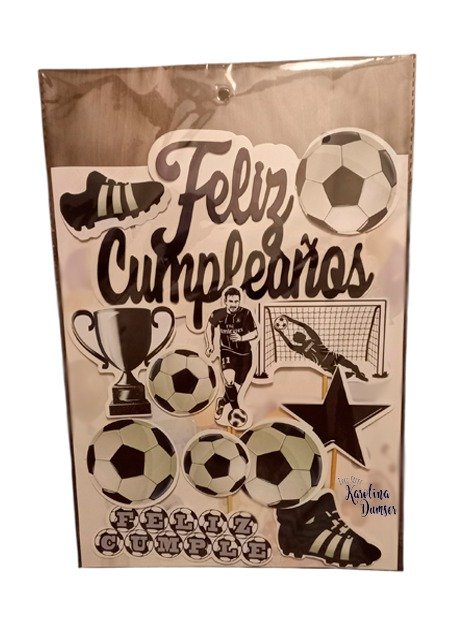 Producto - Cake Topper Adorno Futbol Blanco/Negro Feliz Cumpleaños. Set por 12