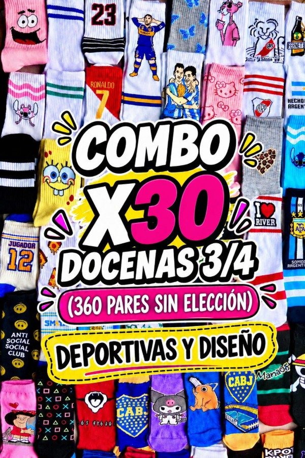 Producto - COMBO X30 DOCENAS 3/4 SURTIDAS EN DEPORTIVAS Y DISEÑOS