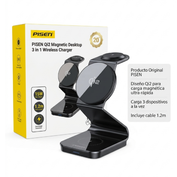 Producto - Cargador Inalámbrico de Escritorio Magnético 3 en 1 Qi2  PISEN